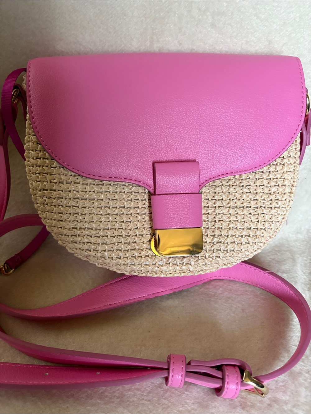 Bright Pink Straw Crossbody Bag with Gold Hardware